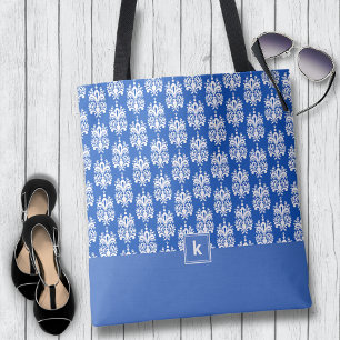 Bolso De Tela Patrón de damasco azul de pizarra Monograma Toque