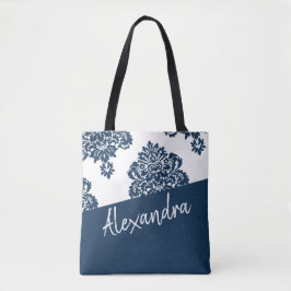 Bolso De Tela Patrón de damasco blanco azul moderno personalizad