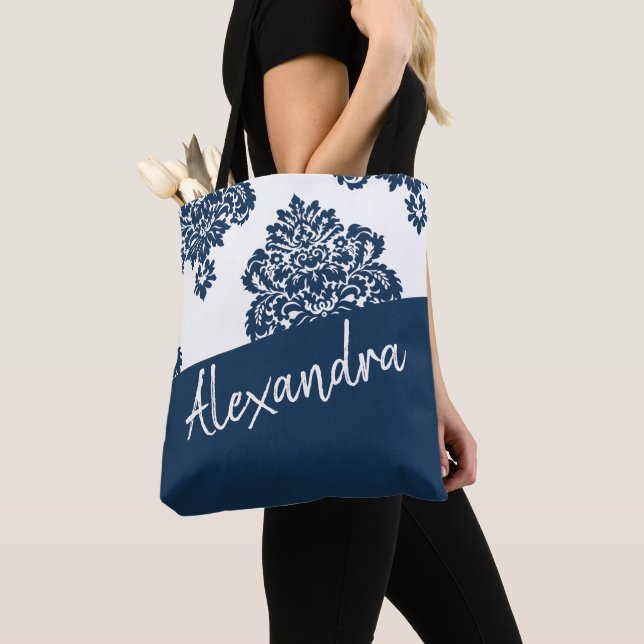Bolso De Tela Patrón de damasco blanco azul moderno personalizad (Detalle)