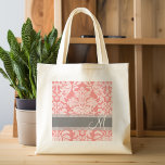Bolso De Tela Patrón de Damasco de encaje moderno - Coral y gris<br><div class="desc">damascos florales de moda y femeninos con colores populares. El damasco tiene un aspecto de pizarra.</div>