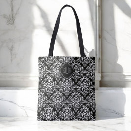 Bolso De Tela Patrón de Damasco en blanco y negro con monograma