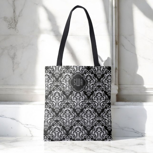 Bolso De Tela Patrón de Damasco en blanco y negro con monograma (Personalize this elegant tote with your monogram initials.)