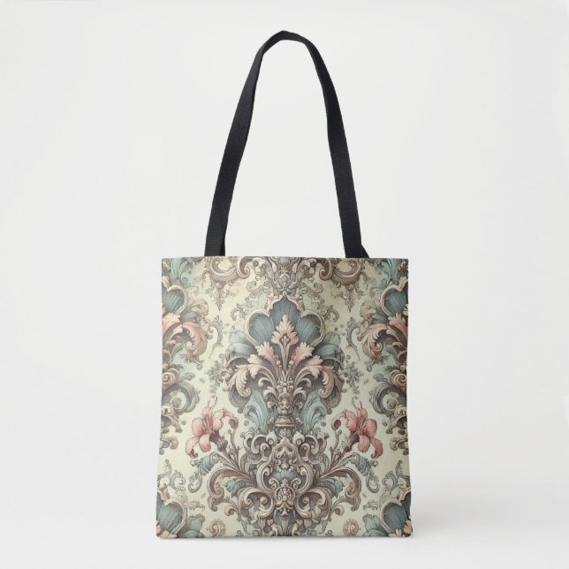 Bolso De Tela Patrón de damasco floral victoriano (Anverso)