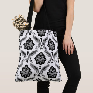 Bolso De Tela Patrón de damasco rococó gris negro blanco