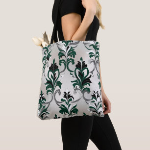 Bolso De Tela Patrón de damasco verde, plateado y negro