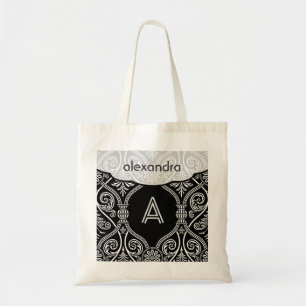 Bolso De Tela Patrón de damasquetas florales blancas y negras