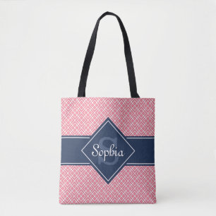 Bolso De Tela Patrón de diamante azul y rosa de la Marina Monogr