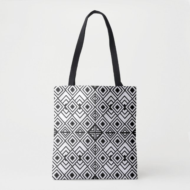 Bolso De Tela Patrón de diamante geométrico negro y blanco (Anverso)
