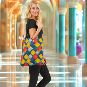 Bolso De Tela Patrón de diamantes geométricos rojo, amarillo y a