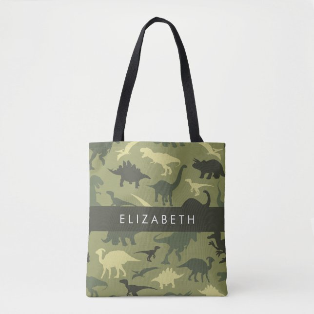 Bolso De Tela Patrón de dinosaurios, silueta de dinosaurios, tu  (Anverso)