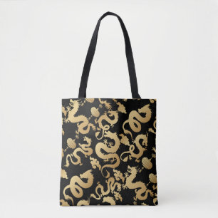 Bolso De Tela Patrón de dragones dorados BG negro