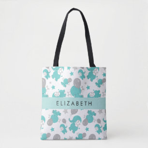 Bolso De Tela Patrón De Elefantes Azules, Estrellas, Tu Nombre