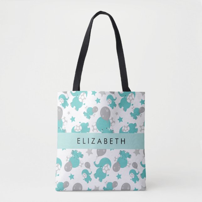 Bolso De Tela Patrón De Elefantes Azules, Estrellas, Tu Nombre (Anverso)