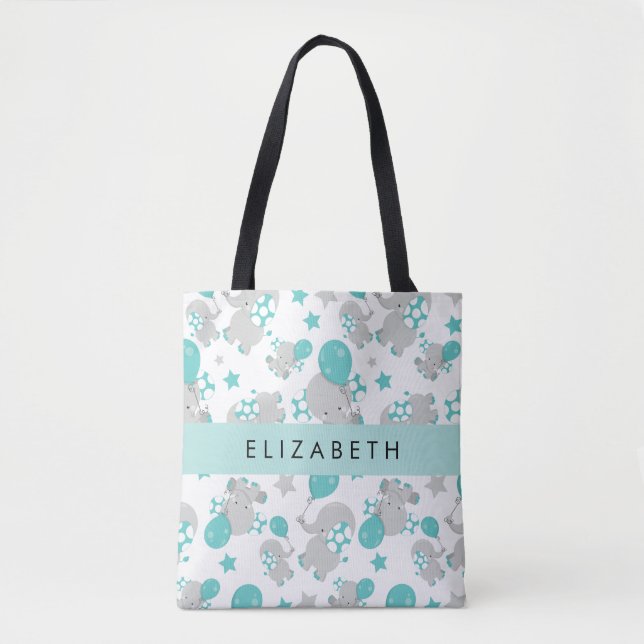 Bolso De Tela Patrón De Elefantes, Elefantes Cutos, Tu Nombre (Anverso)
