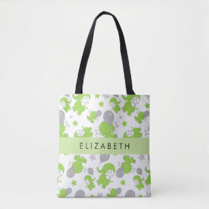 Bolso De Tela Patrón de elefantes verdes, estrellas, tu nombre