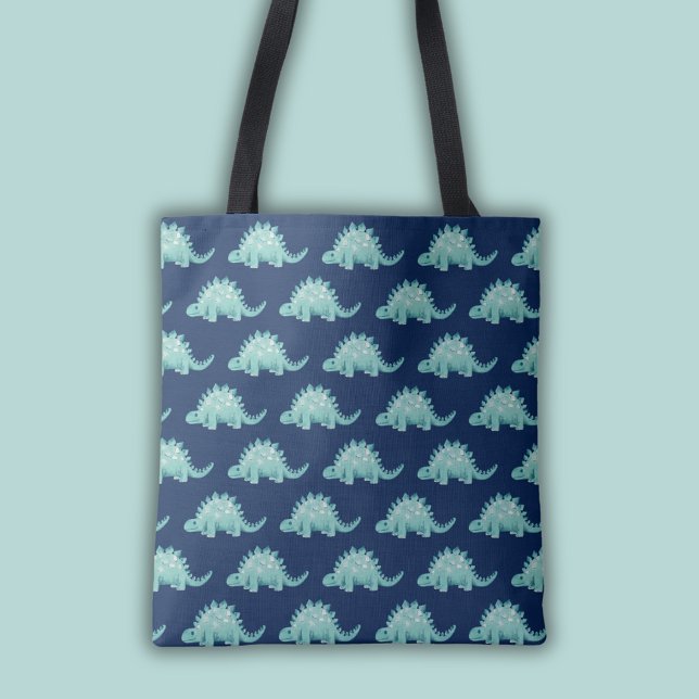 Bolso De Tela Patrón de estegosaurio de dinosaurio (Stegosaurus dinosaur tote bag in blue and green.)