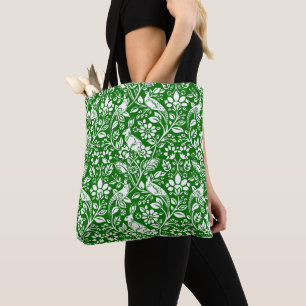 Bolso De Tela Patrón de faisán y liebre, verde esmeralda y blanc