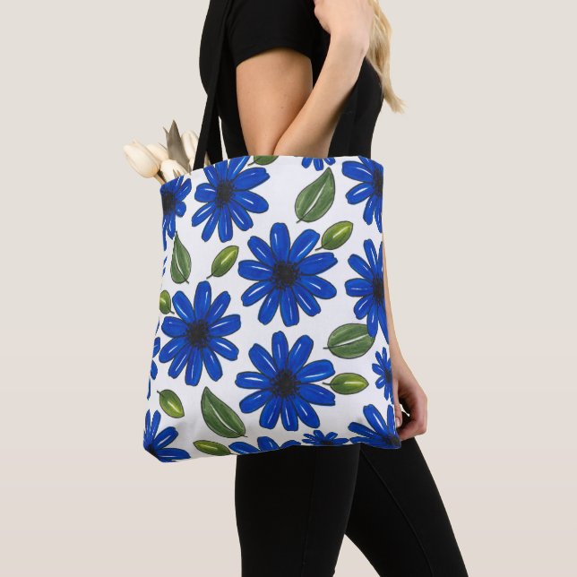 Bolso De Tela Patrón de flor azul dibujado a mano (Detalle)