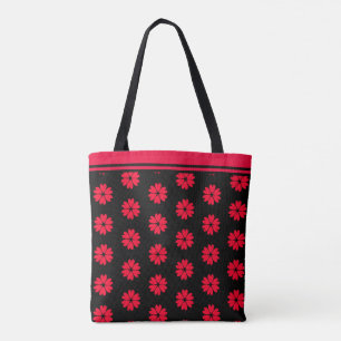 Bolso De Tela Patrón de flor de corazón rojo moderno sobre negro
