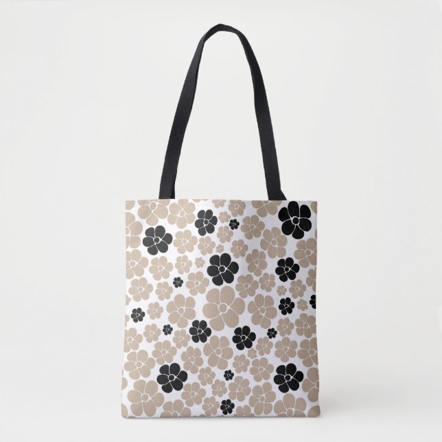 Bolso De Tela Patrón de flor de moda en taupe, negro y blanco (Anverso)
