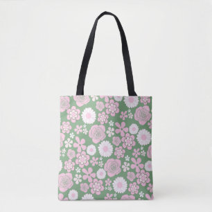 Bolso De Tela Patrón de flor del Y2K 70s del Retro Blanco Rosa V