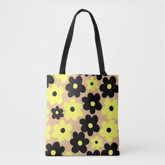 Bolso De Tela Patrón de flor hippie amarillo-negro (Anverso)