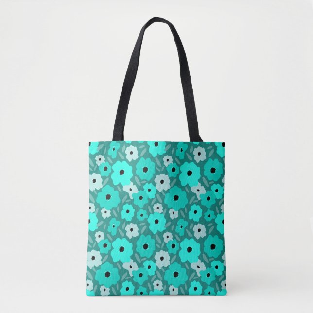Bolso De Tela Patrón de flor turquesa (Anverso)