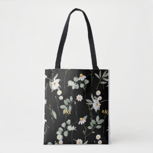 Bolso De Tela Patrón de flores botánicas negro