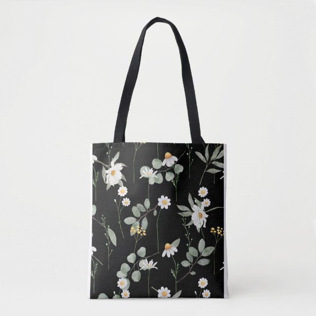 Bolso De Tela Patrón de flores botánicas negro (Anverso)