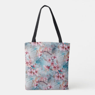 Bolso De Tela Patrón de flores de cerezo rosa y azul