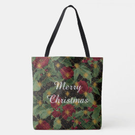 Bolso De Tela Patrón de flores de Navidad, dorado rojo verde neg