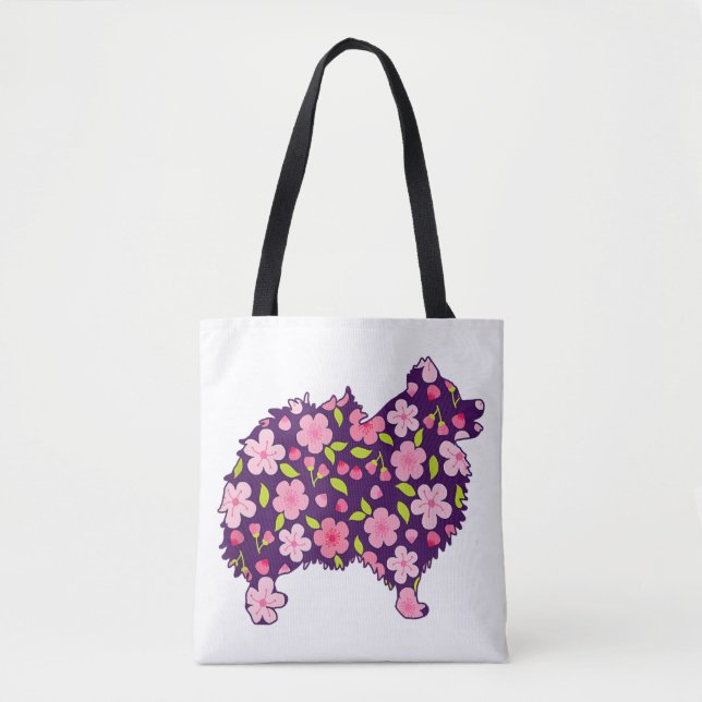 Bolso De Tela Patrón de flores de perros panomeranos (Anverso)
