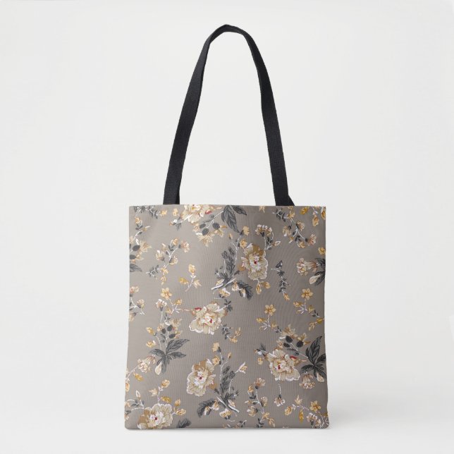 Bolso De Tela Patrón de flores en fondo marrón (Anverso)