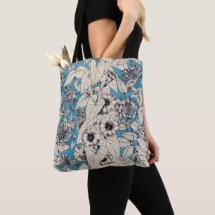 Bolso De Tela Patrón de flores gráficas en blanco azul