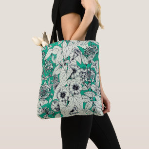 Bolso De Tela Patrón de flores gráficas verdes Verde azuladas bl