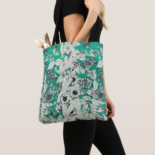 Bolso De Tela Patrón de flores gráficas verdes Verde azuladas bl