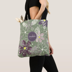 Bolso De Tela patrón de flores sage púrpura plum lilac