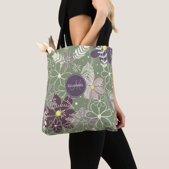Bolso De Tela patrón de flores sage púrpura plum lilac (Detalle)