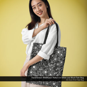 Bolso De Tela Patrón de flores silvestres dibujadas a mano Negro