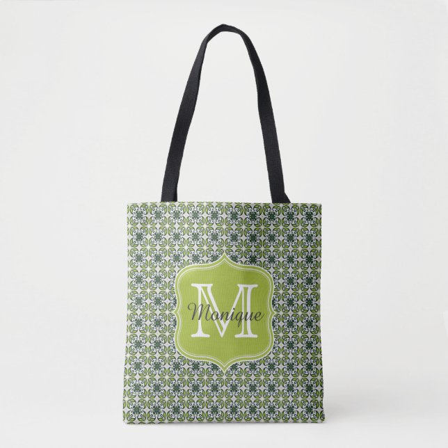 Bolso De Tela Patrón de flores verdes monograma (Anverso)