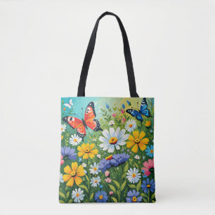 Bolso De Tela Patrón de flores vibrantes de primavera en acuarel