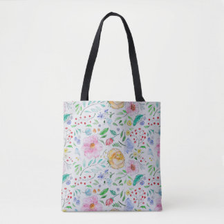 Bolso De Tela Patrón de flores y capullos de acuarela ligera y b