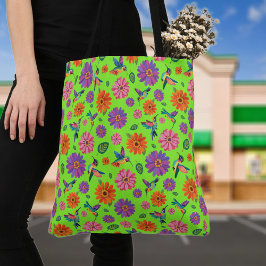 Bolso De Tela Patrón de flores y colibríes de la Zinnia