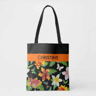 Bolso De Tela Patrón de flores y mariposas tropicales
