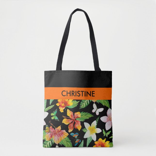 Bolso De Tela Patrón de flores y mariposas tropicales (Anverso)