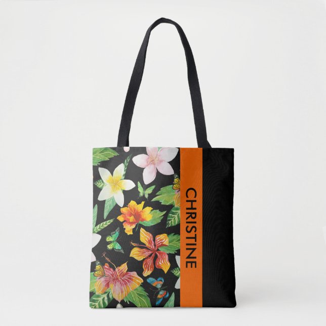 Bolso De Tela Patrón de flores y mariposas tropicales (Anverso)