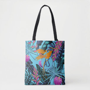 Bolso De Tela Patrón de follaje tropical brillante con colibrí