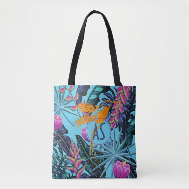 Bolso De Tela Patrón de follaje tropical brillante con colibrí (Anverso)
