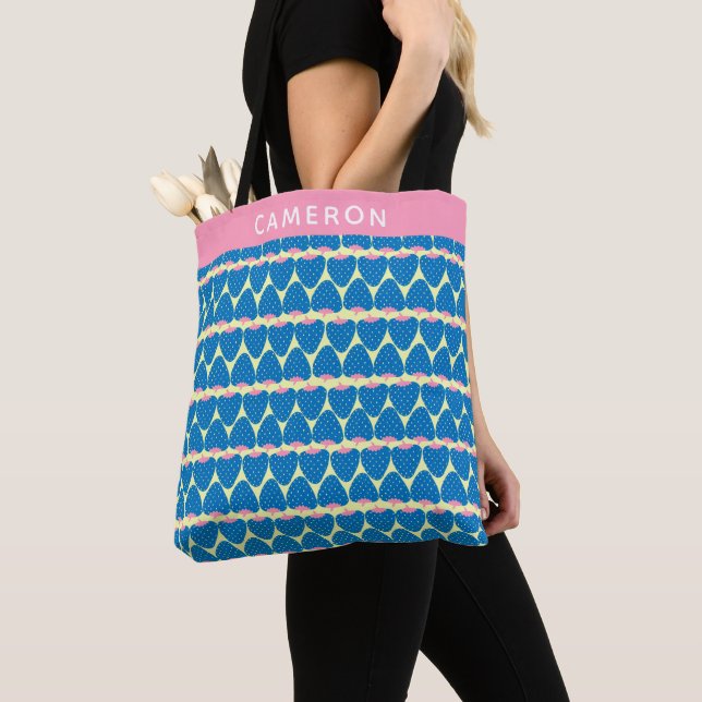 Bolso De Tela Patrón de fresa retro suave azul personalizado (Detalle)
