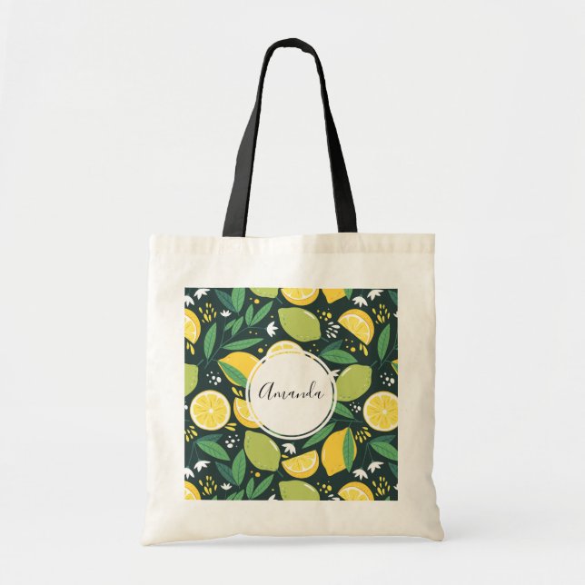 Bolso De Tela Patrón de fruta de limón amarillo y limón verde (Frente)